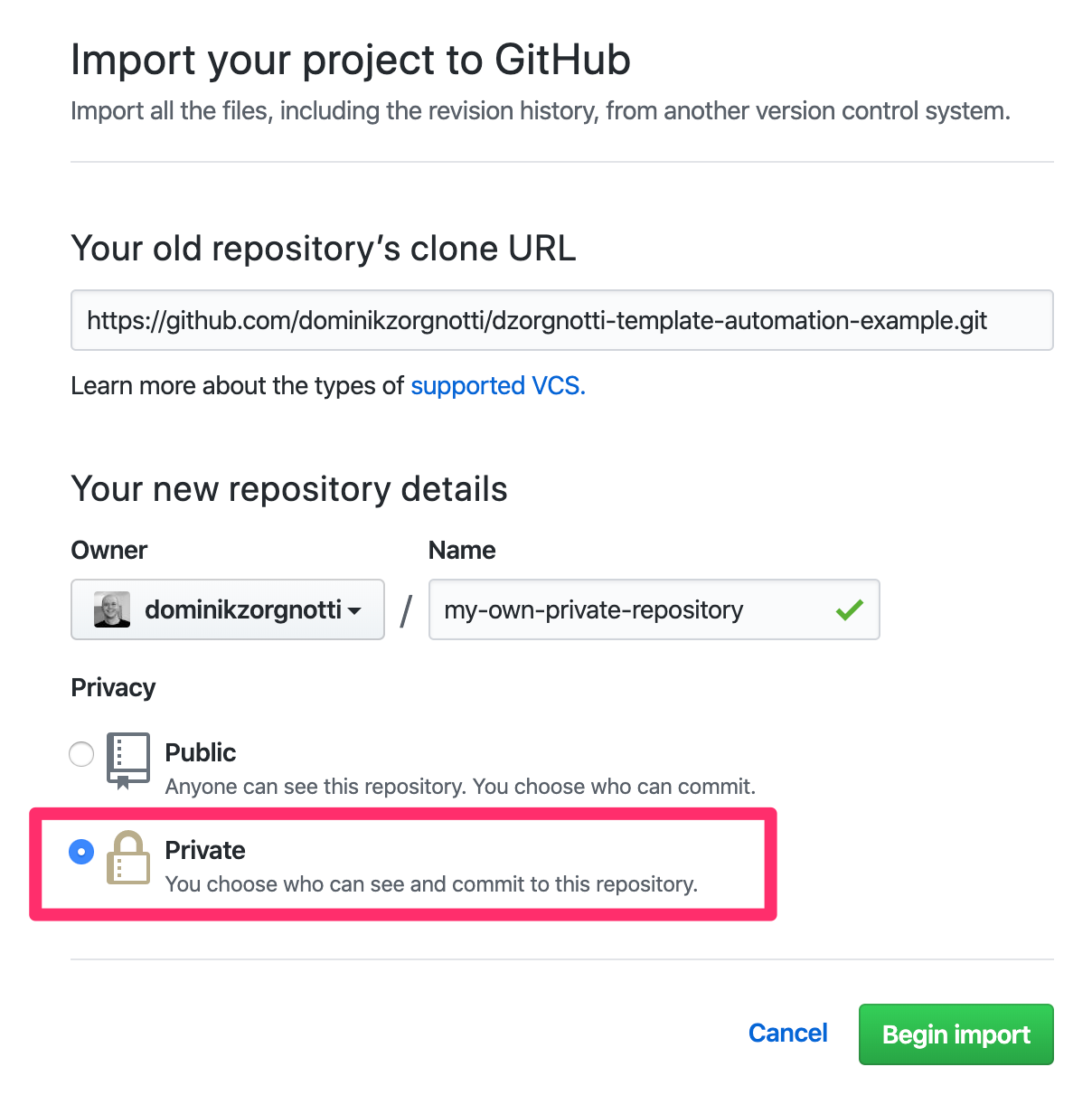 The import repository wizard in GitHub Image Caption
