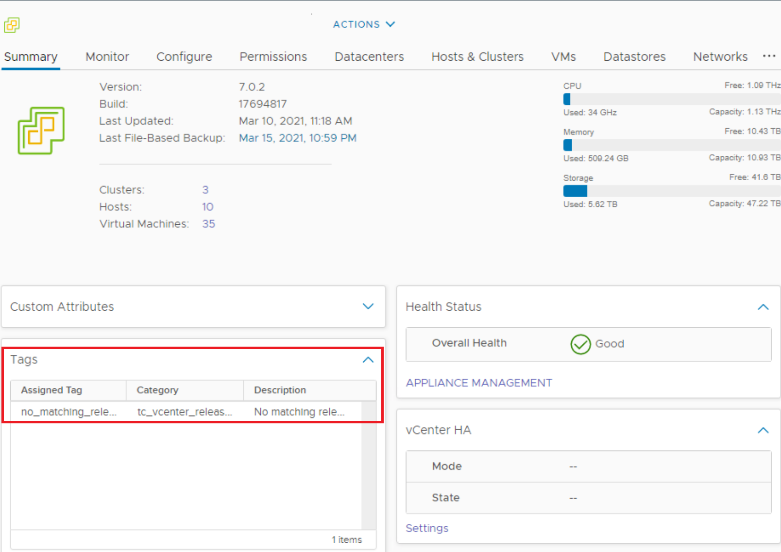 Tags applied to the vCenter in the UI Image Caption