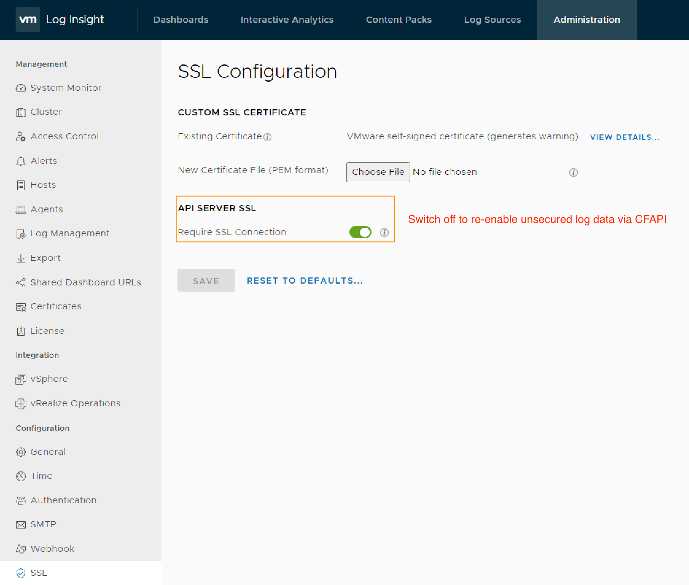 LogInsight SSL enforcement option Image Caption