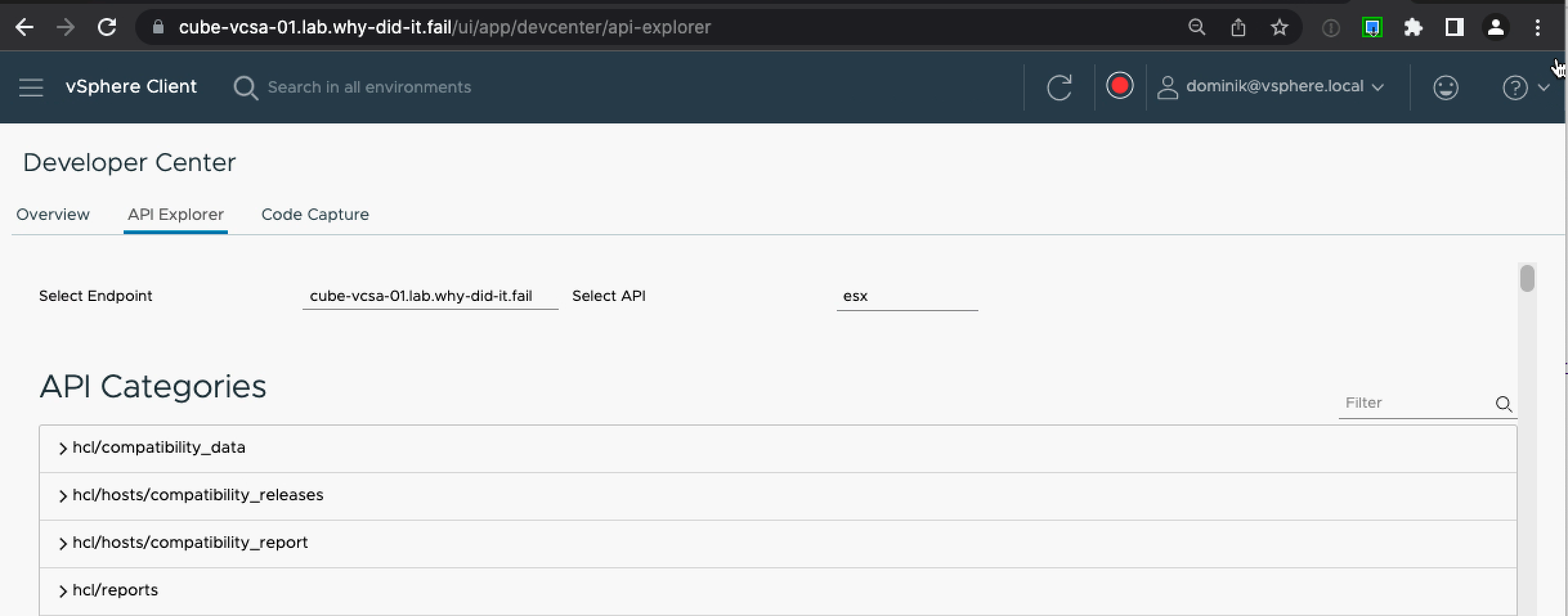 The required esx APIs in the vCenter Developer Center Image Caption
