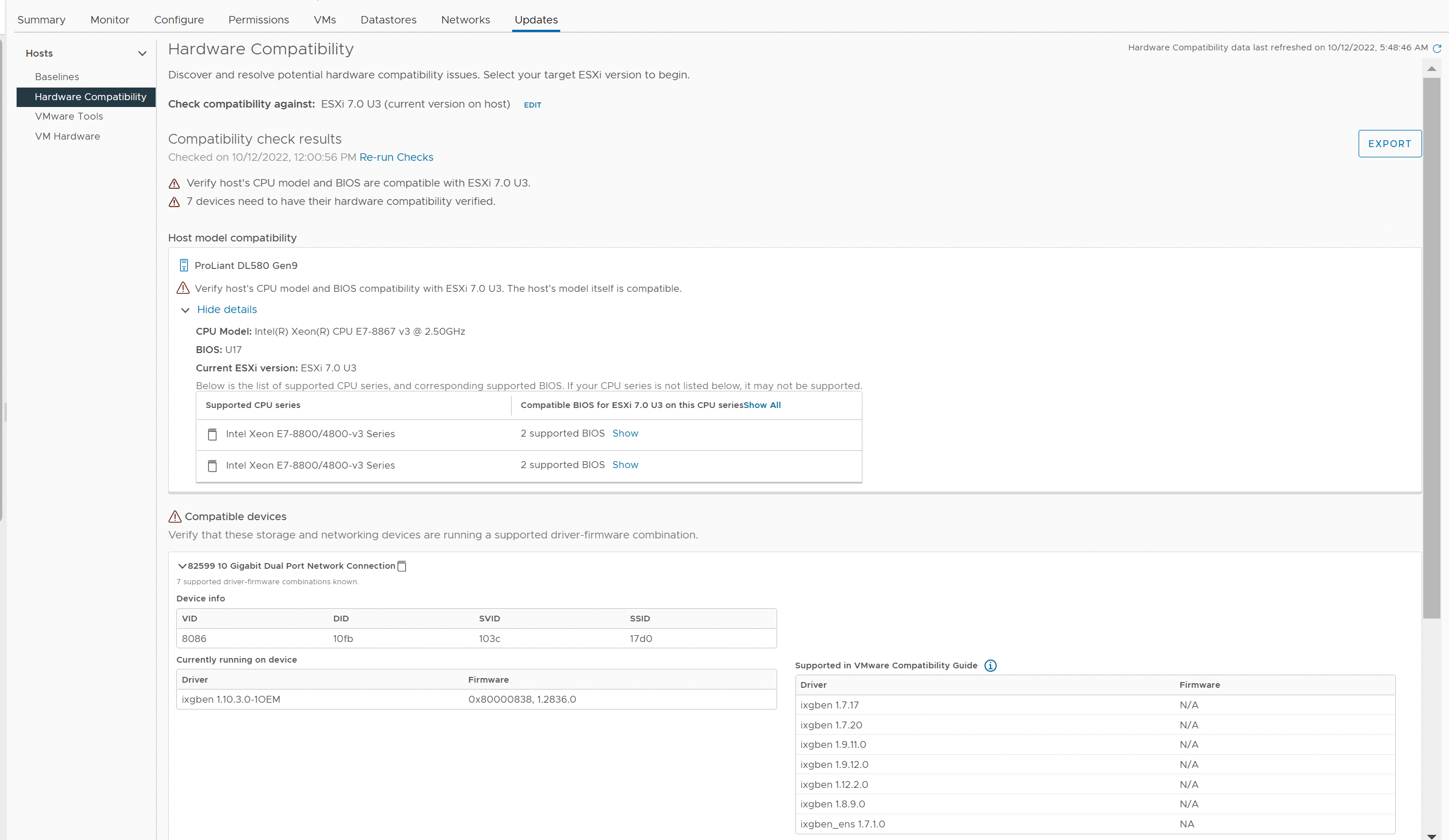 The HCL checks in the vSphere UI Image Caption